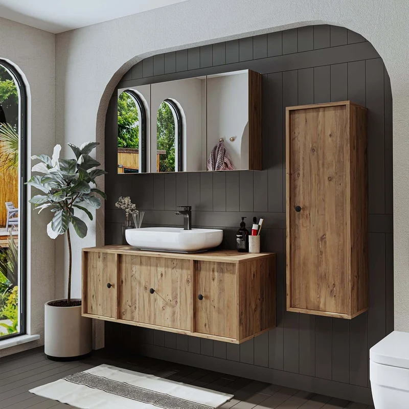 Roomart 4-teiliges Badmöbel-Set GUSTO, 120 cm, mit ovalem Waschbecken und Hochschrank, in 2 Farben