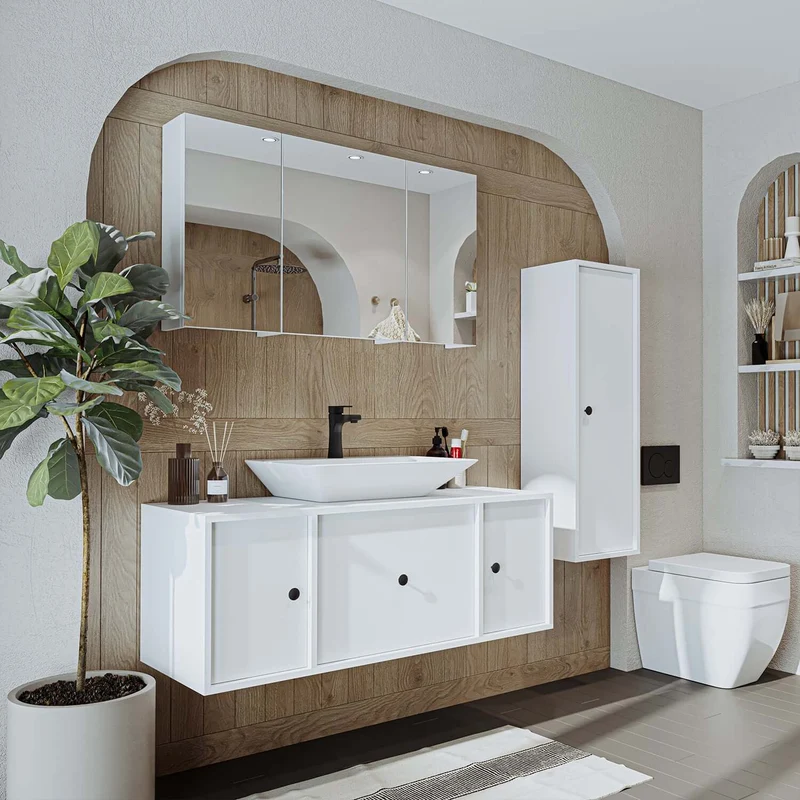 Roomart 4-teiliges Badmöbel-Set GUSTO-ATL, 120 cm, mit eckigem Waschbecken und Hochschrank, in 2 Farben