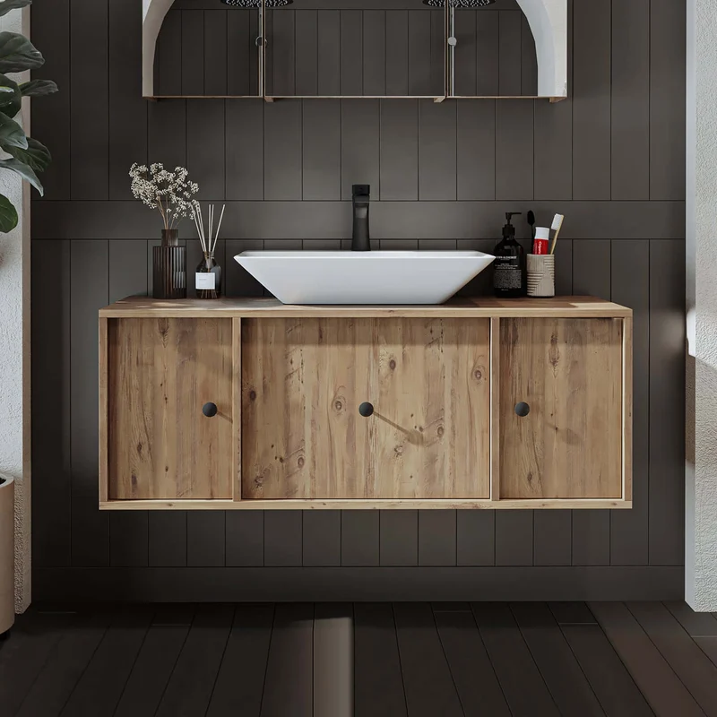 Roomart 4-teiliges Badmöbel-Set GUSTO-ATL, 120 cm, mit eckigem Waschbecken und Hochschrank, in 2 Farben