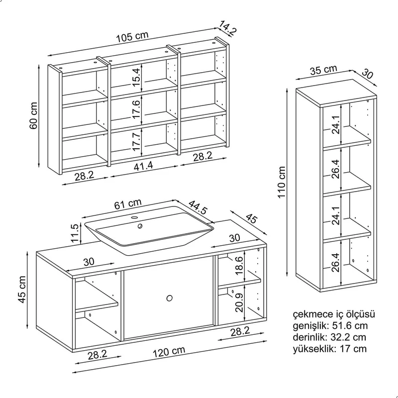 Roomart 4-teiliges Badmöbel-Set GUSTO-ATL, 120 cm, mit eckigem Waschbecken und Hochschrank, in 2 Farben