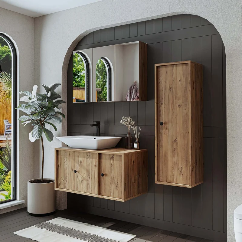 Roomart 4-teiliges Badmöbel-Set GUSTO-ATL, 90 cm, eckiges Becken mit Hochschrank, in 2 Farben