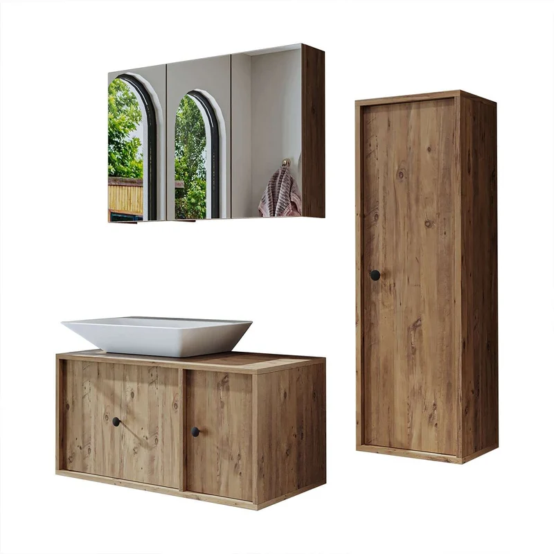 Roomart 4-teiliges Badmöbel-Set GUSTO-ATL, 90 cm, eckiges Becken mit Hochschrank, in 2 Farben