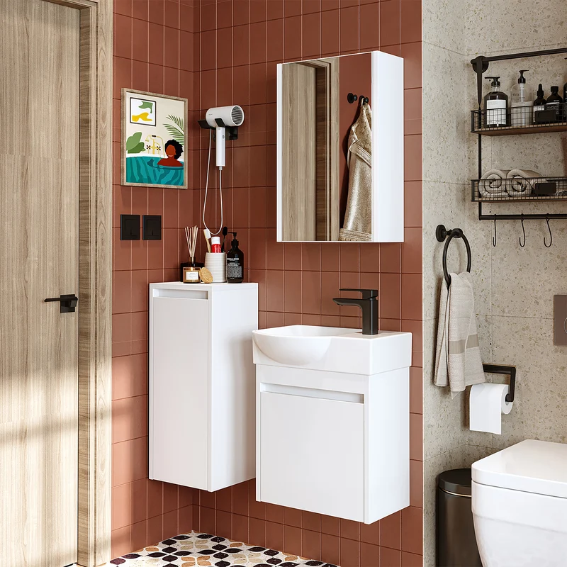 Roomart 4-delige badkamermeubelset LEO, 46 cm, smalle set voor gastentoilet met spiegelkast, in 4 kleuren