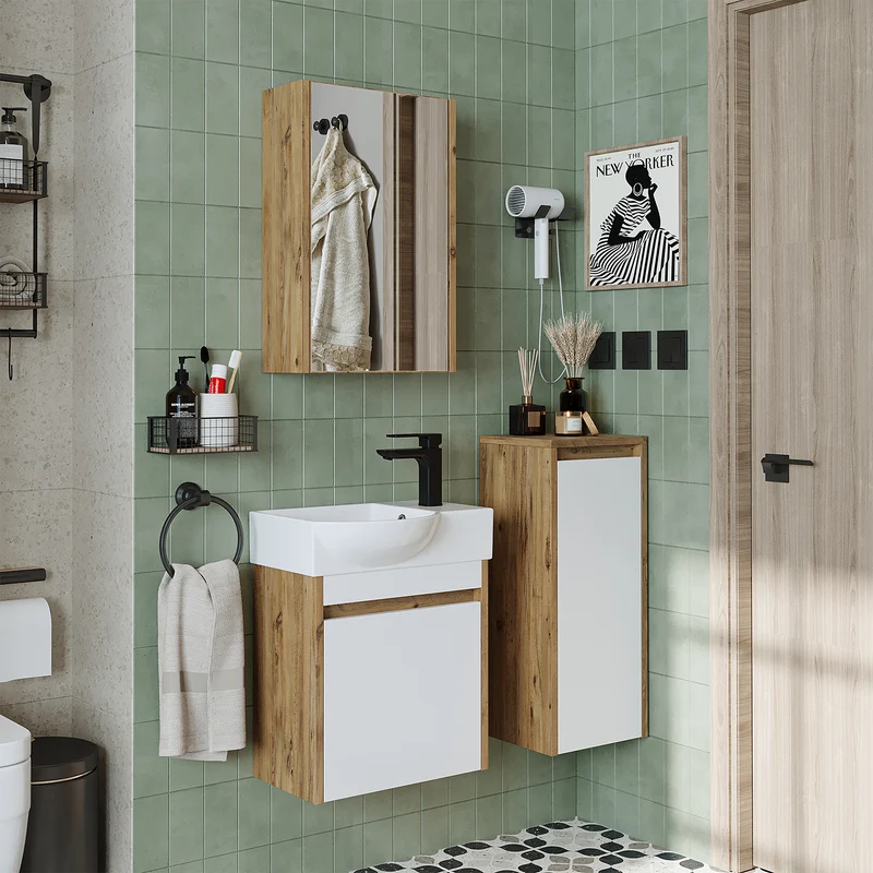 Roomart 4-delige badkamermeubelset LEO, 46 cm, smalle set voor gastentoilet met spiegelkast, in 4 kleuren