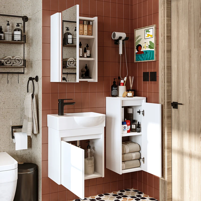 Roomart 4-delige badkamermeubelset LEO, 46 cm, smalle set voor gastentoilet met spiegelkast, in 4 kleuren