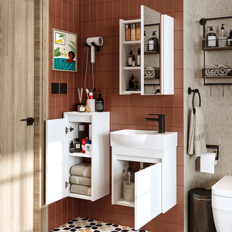 Roomart 4-delige badkamermeubelset LEO, 46 cm, smalle set voor gastentoilet met spiegelkast, in 4 kleuren
