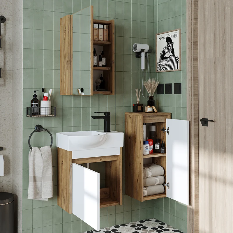 Roomart 4-delige badkamermeubelset LEO, 46 cm, smalle set voor gastentoilet met spiegelkast, in 4 kleuren