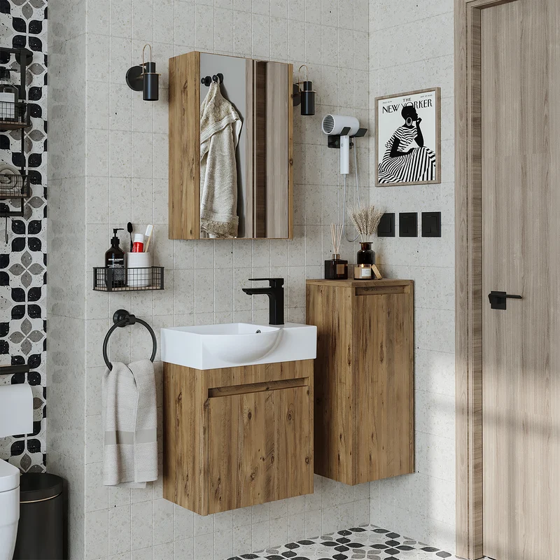 Roomart 4-delige badkamermeubelset LEO, 46 cm, smalle set voor gastentoilet met spiegelkast, in 4 kleuren