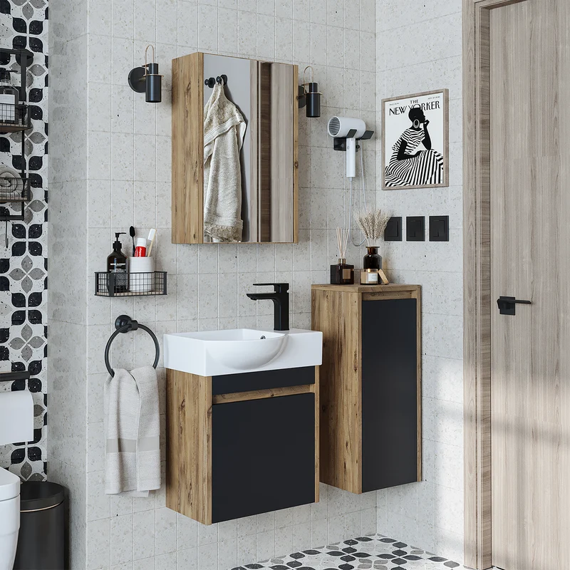 Roomart 4-delige badkamermeubelset LEO, 46 cm, smalle set voor gastentoilet met spiegelkast, in 4 kleuren