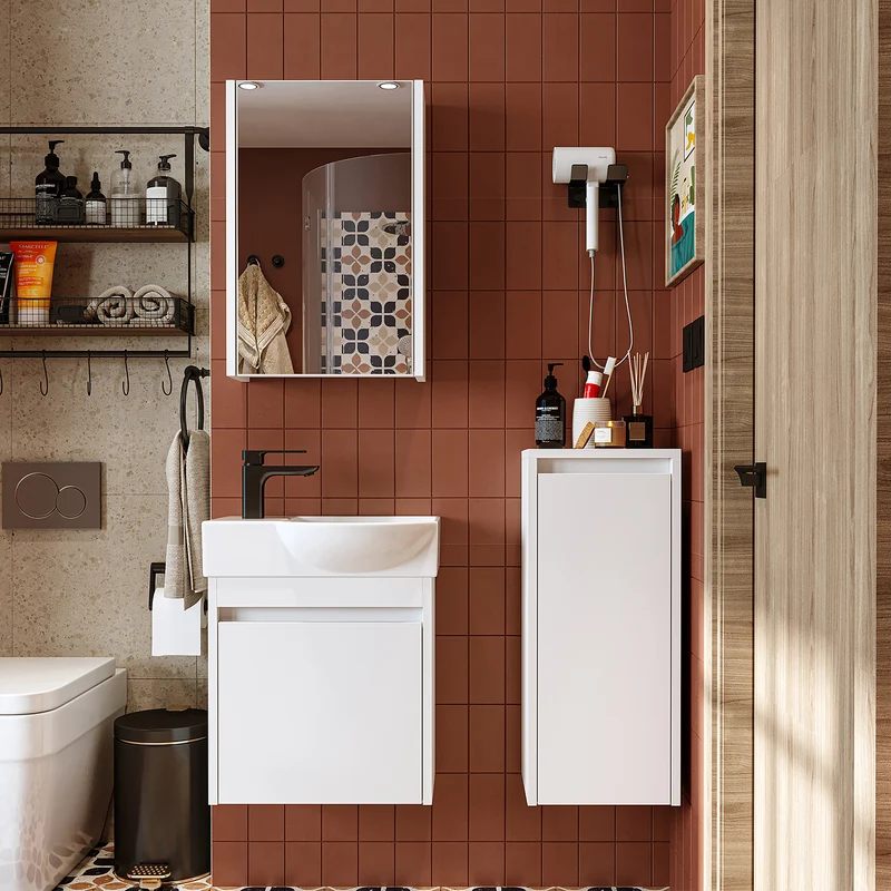 Roomart 4-delige badkamermeubelset LEO, 46 cm, smalle set voor gastentoilet met spiegelkast, in 4 kleuren