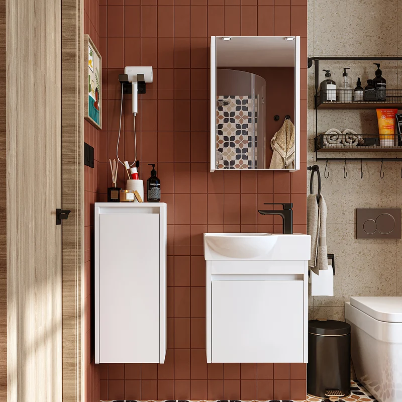 Roomart 4-delige badkamermeubelset LEO, 46 cm, smalle set voor gastentoilet met spiegelkast, in 4 kleuren