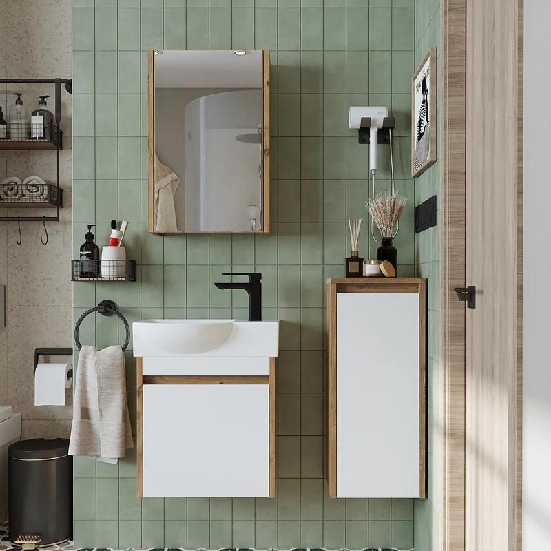 Roomart 4-delige badkamermeubelset LEO, 46 cm, smalle set voor gastentoilet met spiegelkast, in 4 kleuren