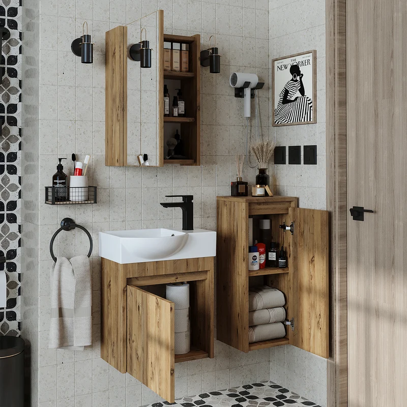 Roomart 4-delige badkamermeubelset LEO, 46 cm, smalle set voor gastentoilet met spiegelkast, in 4 kleuren