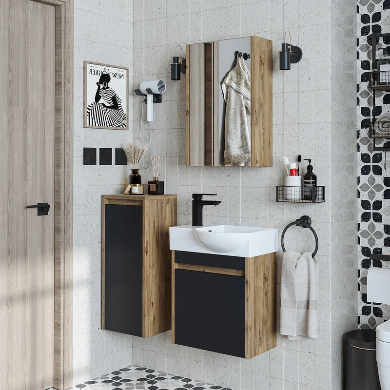 Roomart 4-delige badkamermeubelset LEO, 46 cm, smalle set voor gastentoilet met spiegelkast, in 4 kleuren