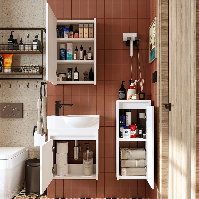 Roomart 4-delige badkamermeubelset LEO, 46 cm, smalle set voor gastentoilet met spiegelkast, in 4 kleuren