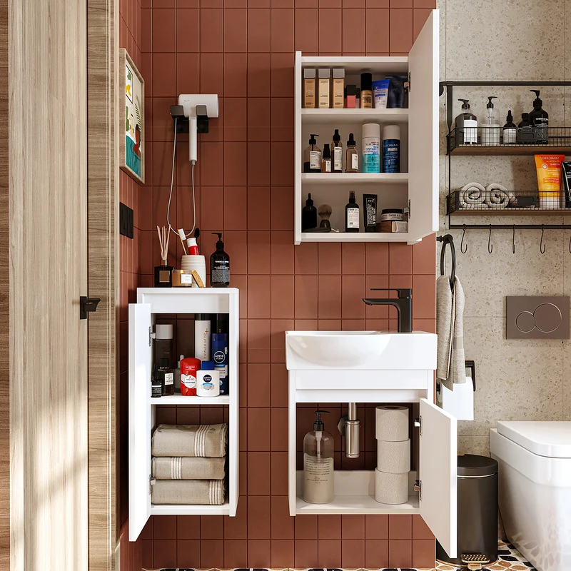 Roomart 4-delige badkamermeubelset LEO, 46 cm, smalle set voor gastentoilet met spiegelkast, in 4 kleuren