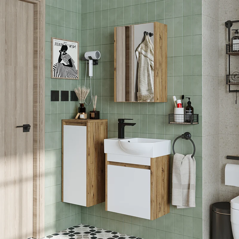 Roomart 4-delige badkamermeubelset LEO, 46 cm, smalle set voor gastentoilet met spiegelkast, in 4 kleuren