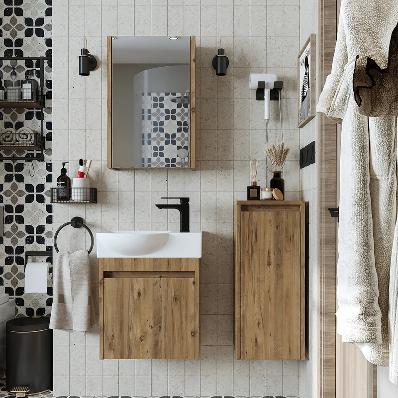 Roomart 4-delige badkamermeubelset LEO, 46 cm, smalle set voor gastentoilet met spiegelkast, in 4 kleuren