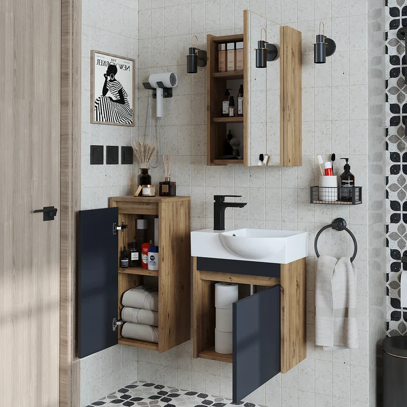 Roomart 4-delige badkamermeubelset LEO, 46 cm, smalle set voor gastentoilet met spiegelkast, in 4 kleuren