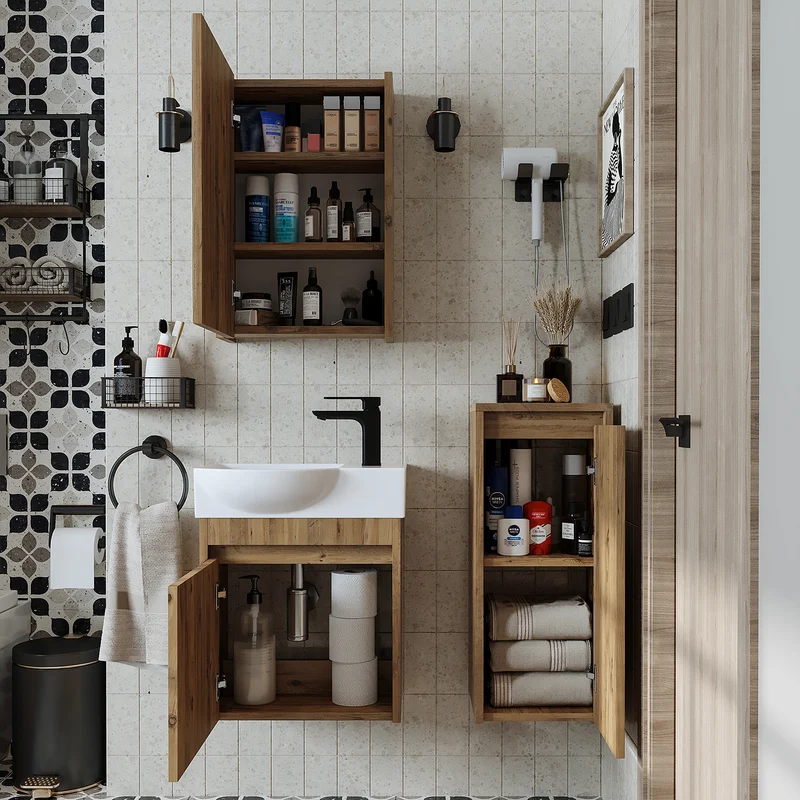 Roomart 4-delige badkamermeubelset LEO, 46 cm, smalle set voor gastentoilet met spiegelkast, in 4 kleuren