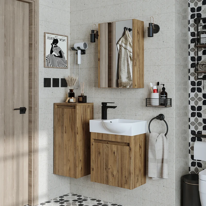 Roomart 4-delige badkamermeubelset LEO, 46 cm, smalle set voor gastentoilet met spiegelkast, in 4 kleuren