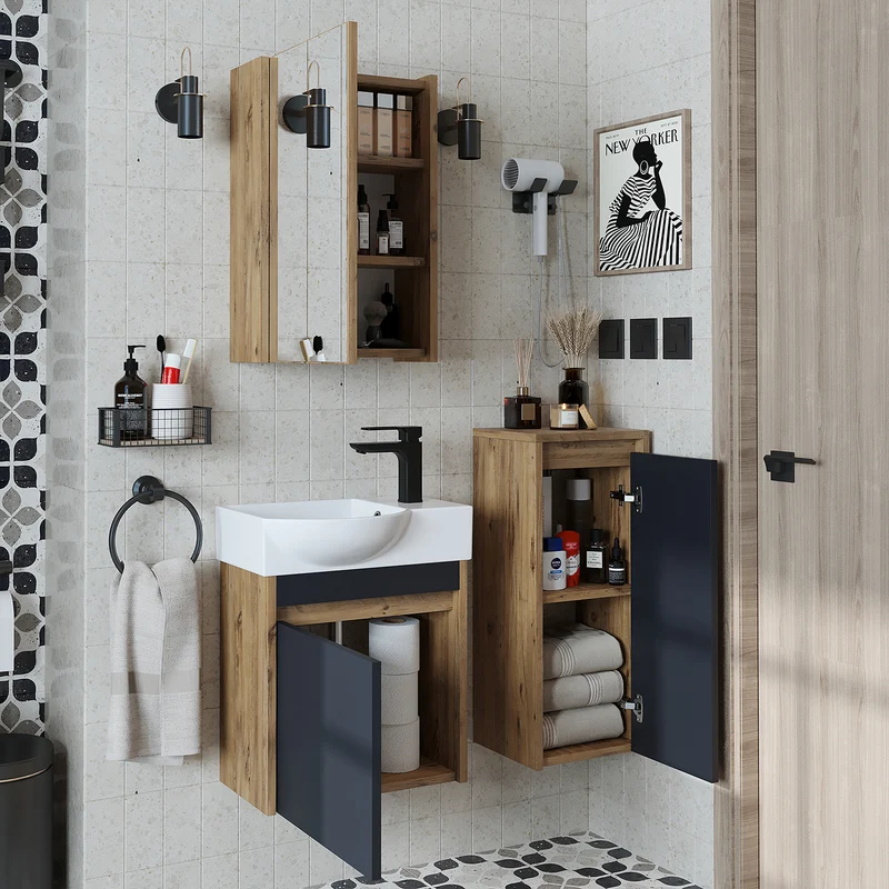 Roomart 4-delige badkamermeubelset LEO, 46 cm, smalle set voor gastentoilet met spiegelkast, in 4 kleuren