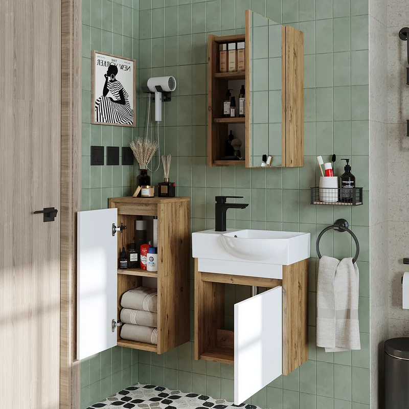 Roomart 4-delige badkamermeubelset LEO, 46 cm, smalle set voor gastentoilet met spiegelkast, in 4 kleuren