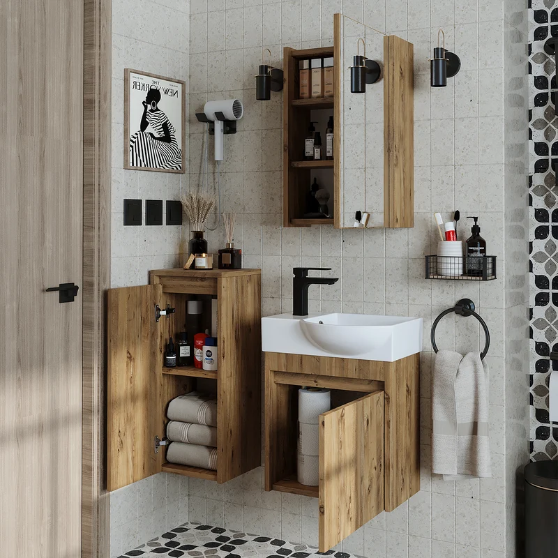 Roomart 4-delige badkamermeubelset LEO, 46 cm, smalle set voor gastentoilet met spiegelkast, in 4 kleuren