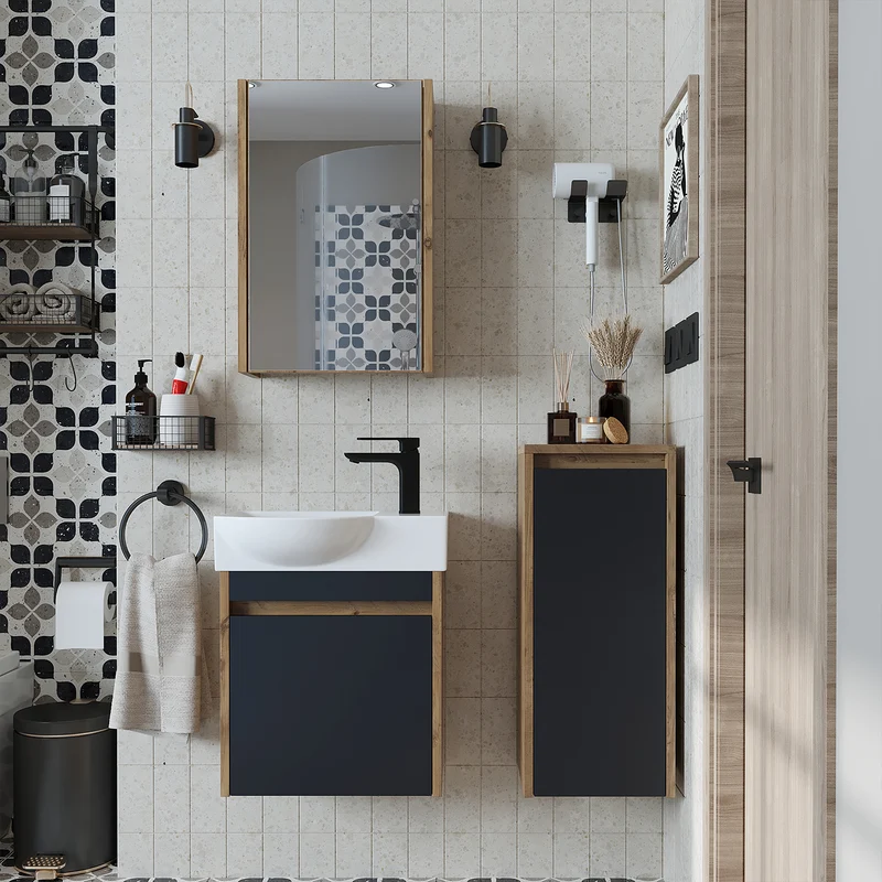 Roomart 4-delige badkamermeubelset LEO, 46 cm, smalle set voor gastentoilet met spiegelkast, in 4 kleuren