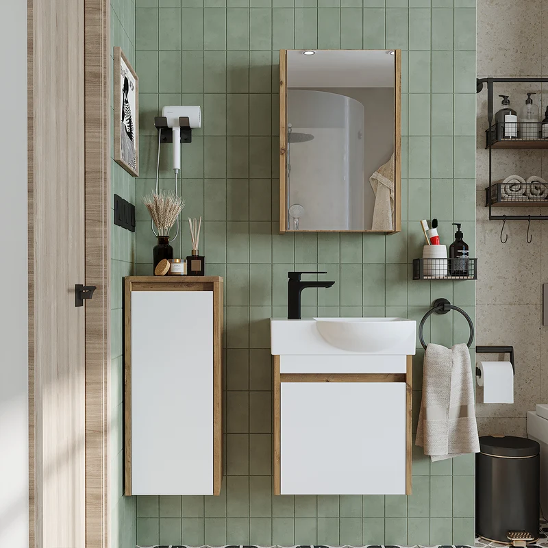 Roomart 4-delige badkamermeubelset LEO, 46 cm, smalle set voor gastentoilet met spiegelkast, in 4 kleuren
