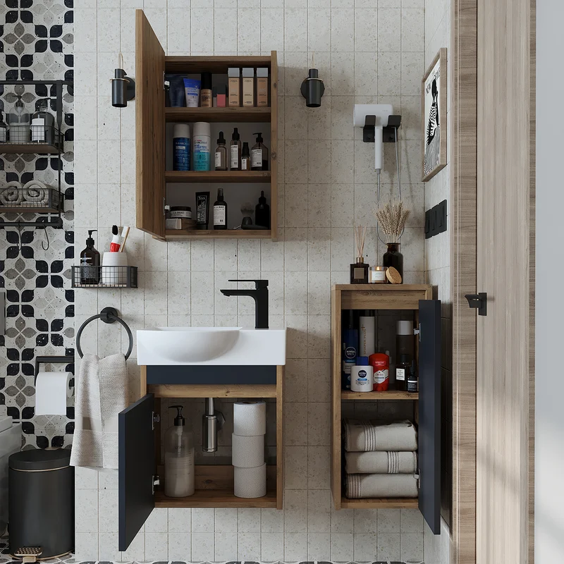 Roomart 4-delige badkamermeubelset LEO, 46 cm, smalle set voor gastentoilet met spiegelkast, in 4 kleuren