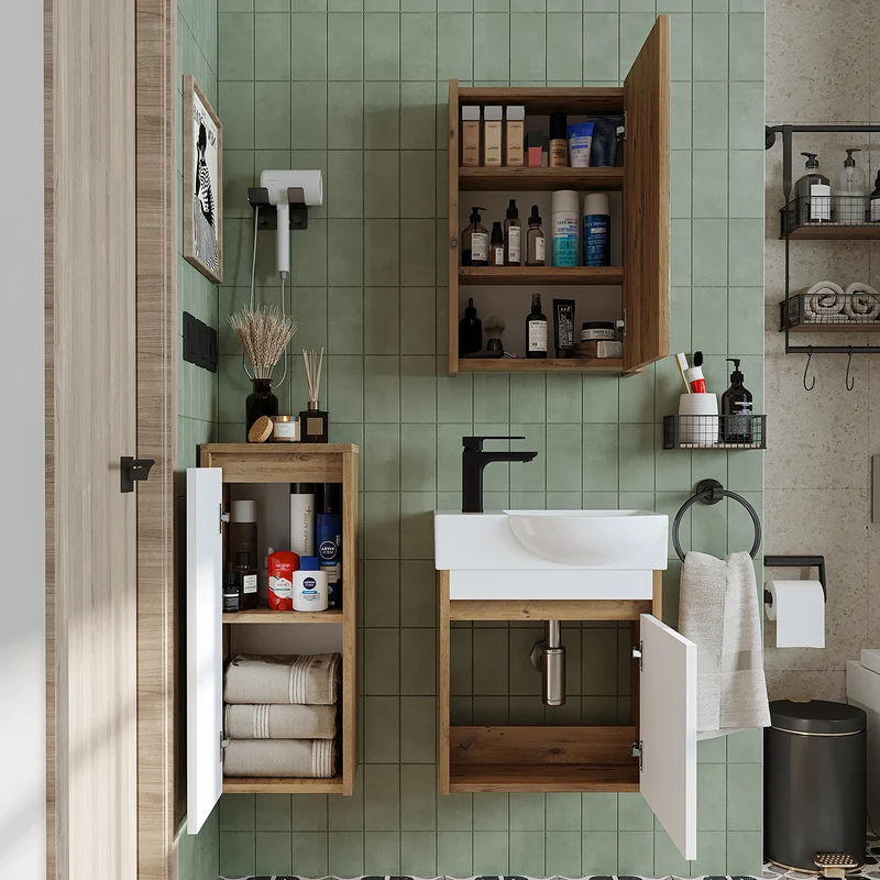 Roomart 4-delige badkamermeubelset LEO, 46 cm, smalle set voor gastentoilet met spiegelkast, in 4 kleuren