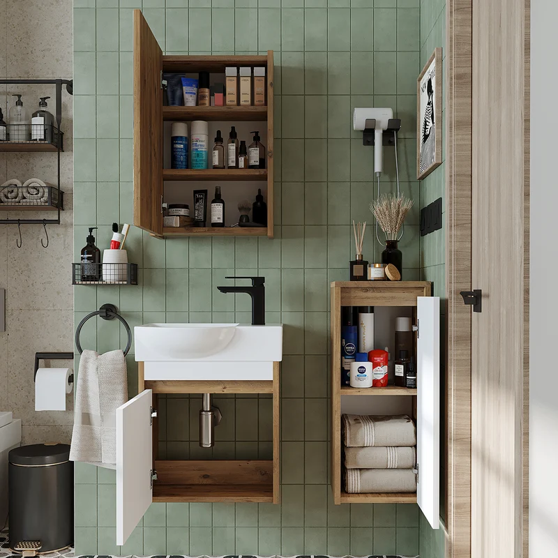 Roomart 4-delige badkamermeubelset LEO, 46 cm, smalle set voor gastentoilet met spiegelkast, in 4 kleuren
