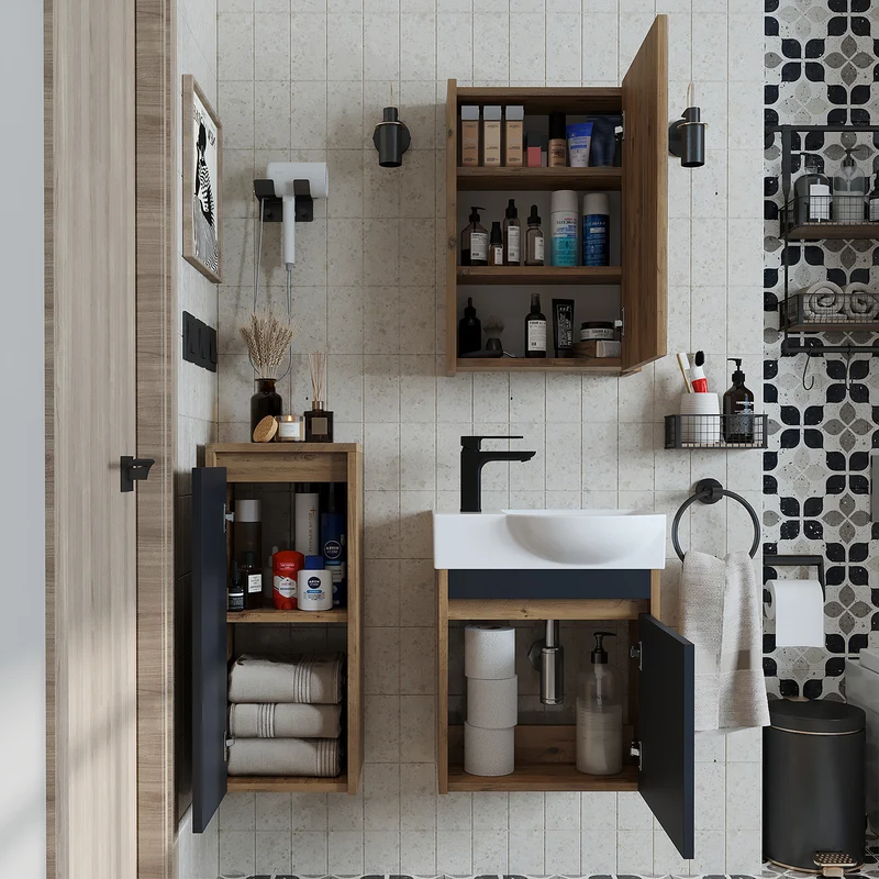 Roomart 4-delige badkamermeubelset LEO, 46 cm, smalle set voor gastentoilet met spiegelkast, in 4 kleuren