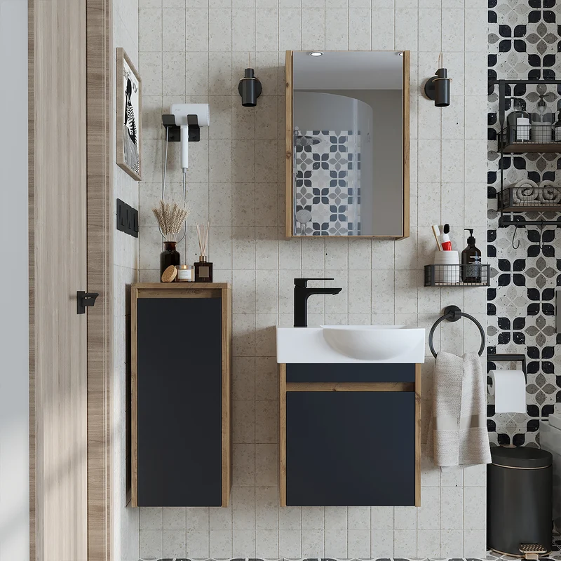 Roomart 4-delige badkamermeubelset LEO, 46 cm, smalle set voor gastentoilet met spiegelkast, in 4 kleuren