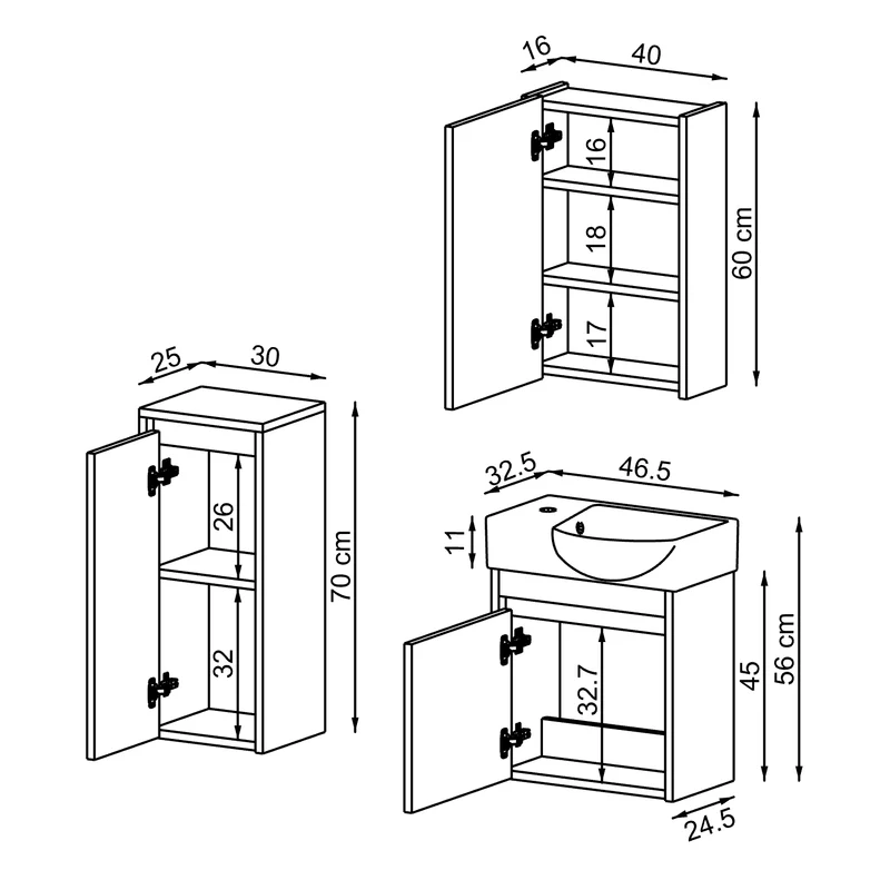 Roomart 4-delige badkamermeubelset LEO, 46 cm, smalle set voor gastentoilet met spiegelkast, in 4 kleuren