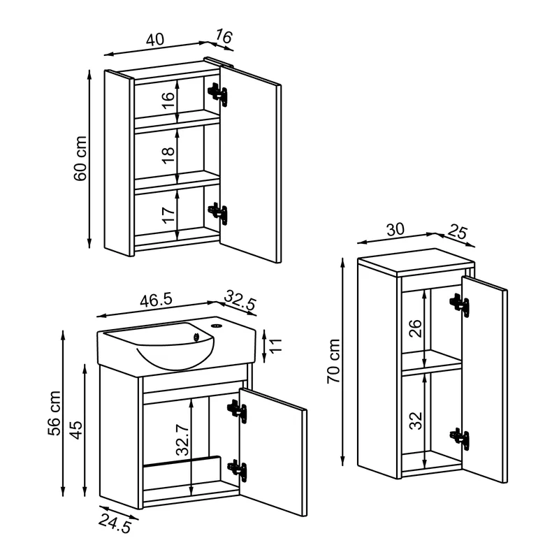 Roomart 4-delige badkamermeubelset LEO, 46 cm, smalle set voor gastentoilet met spiegelkast, in 4 kleuren