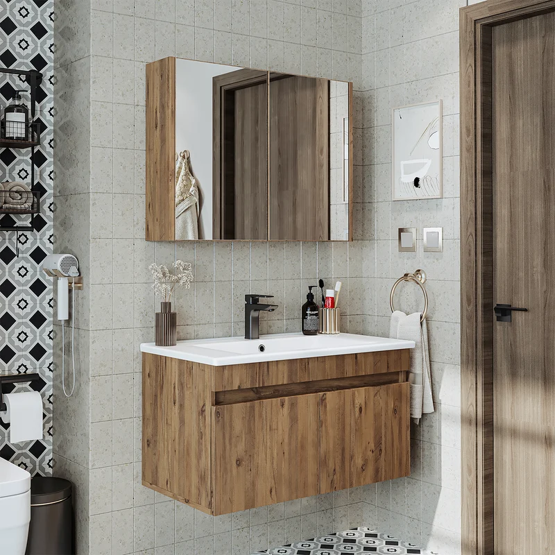 Roomart 3-teiliges Badmöbel-Set ATRIA, 85 cm, mit Keramikbecken und Spiegelschrank, in 4 Farben
