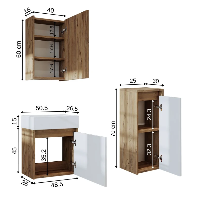 Roomart 4-delige badkamermeubelset MINI, 50 cm, met keramische wastafel, spiegel- en zijkast, in 5 kleuren