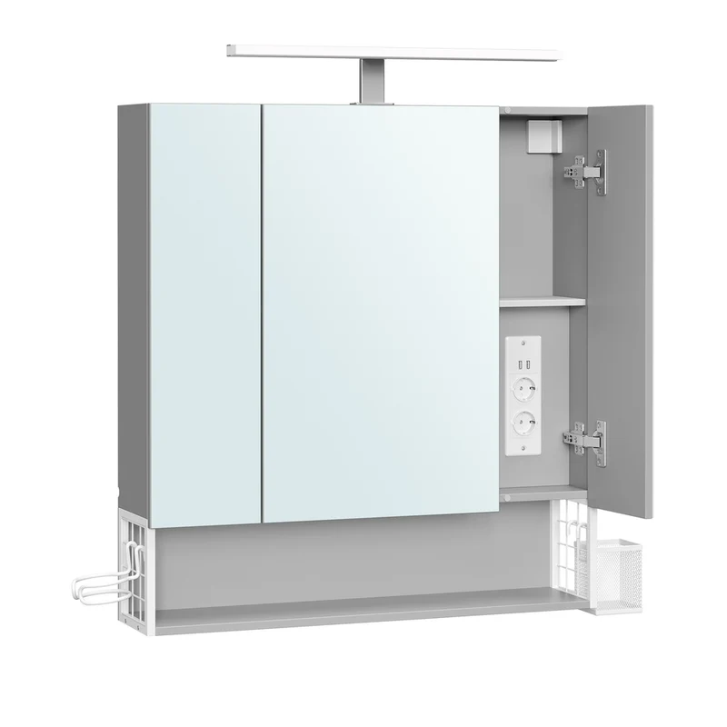 Badschrank mit Steckdosen und 3 Türen wolkenweiß