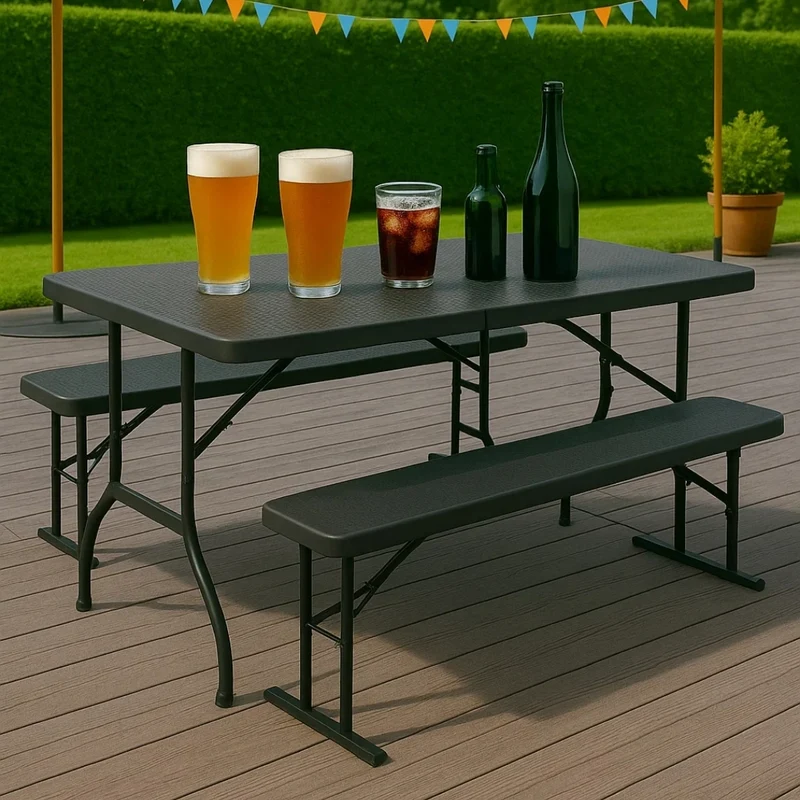 Design Festzeltgarnitur Rattan Optik klappbar aus Kunststoff schwarz - 3 Teilig
