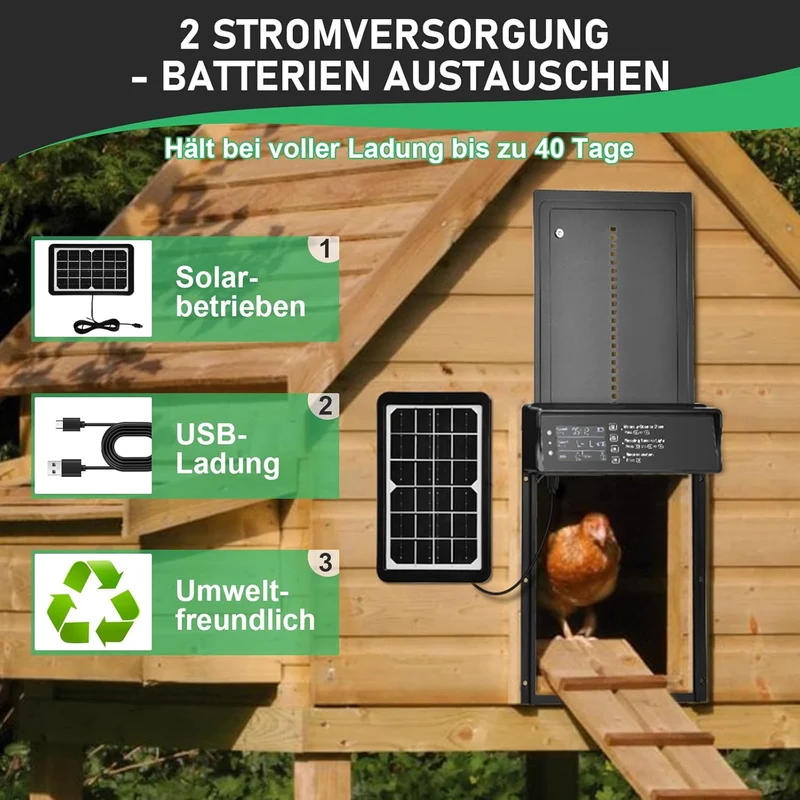 Automatische Hühnerstalltür – Solarbetrieben, Timer & LED Display, Anti-Quetsch-Schutz für Hühner & Enten