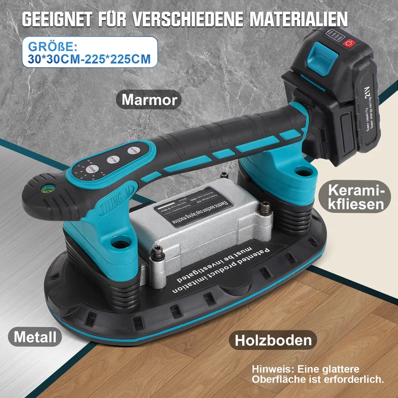 XIIW 2-in-1 Akku Fliesenrüttler mit Vakuumsauger 250 kg – 6 Stufen, 24000 U/min, für Großformatfliesen
