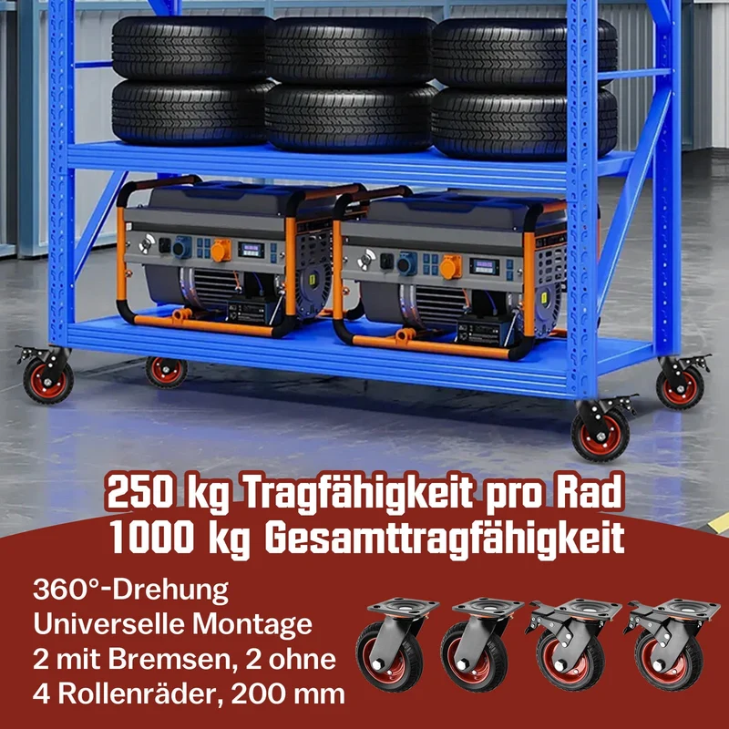 4er-Set 200mm Geländegängige Schwerlastrollen – 2× mit Bremse, 2× drehbar, für Werkstatt, Garten & Transportgeräte