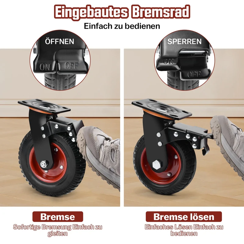4er-Set 200mm Geländegängige Schwerlastrollen – 2× mit Bremse, 2× drehbar, für Werkstatt, Garten & Transportgeräte