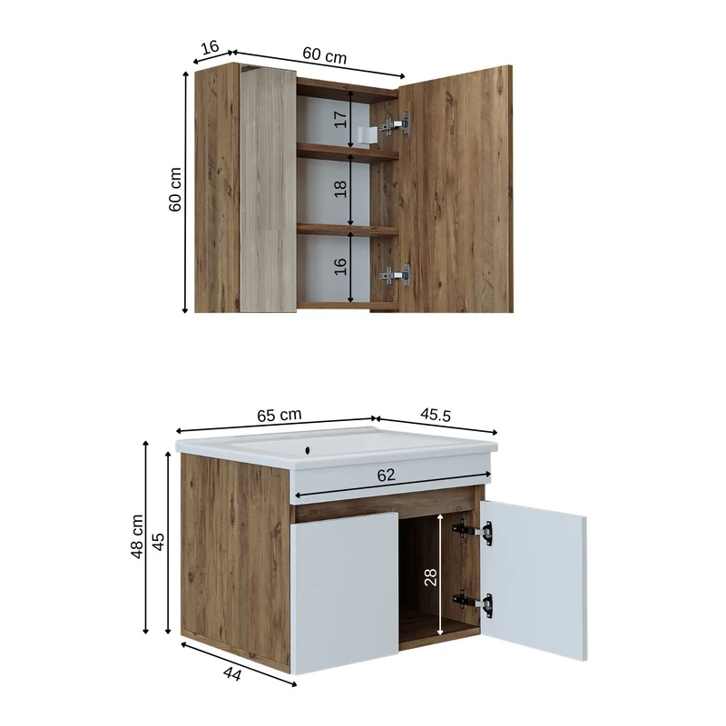 Roomart 3-delige badmeubelset ATRIA, 65 cm, met keramische wastafel en spiegelkast, in 4 kleuren