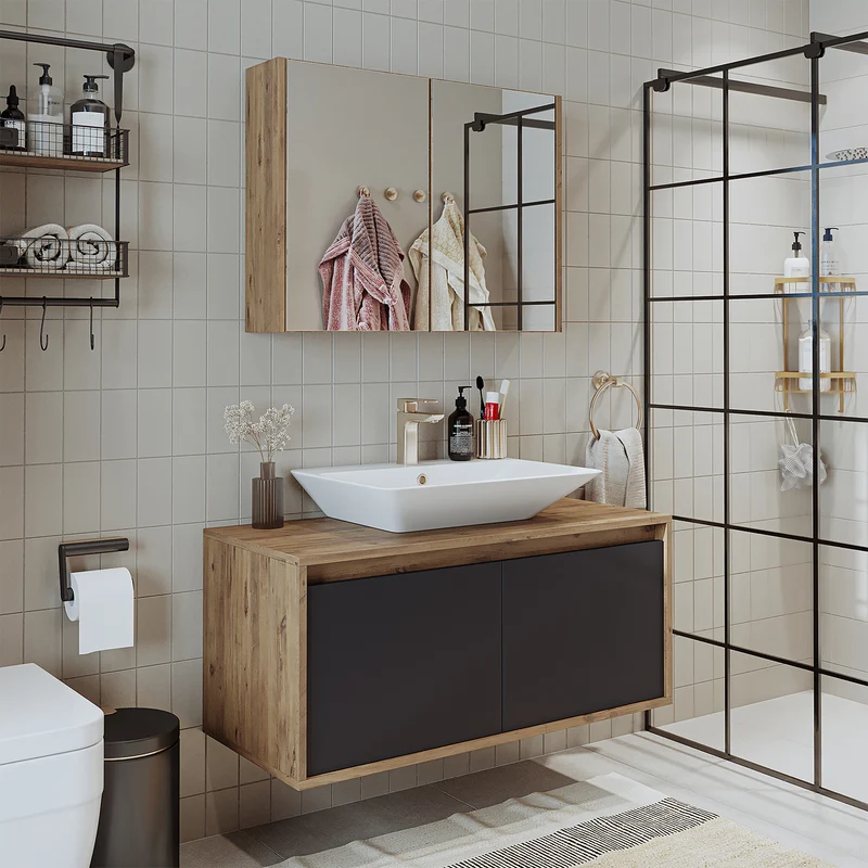 Roomart 3-teiliges Badmöbel-Set ATLANTIC, 100 cm, mit Aufsatzbecken und Spiegelschrank, in 5 Farben