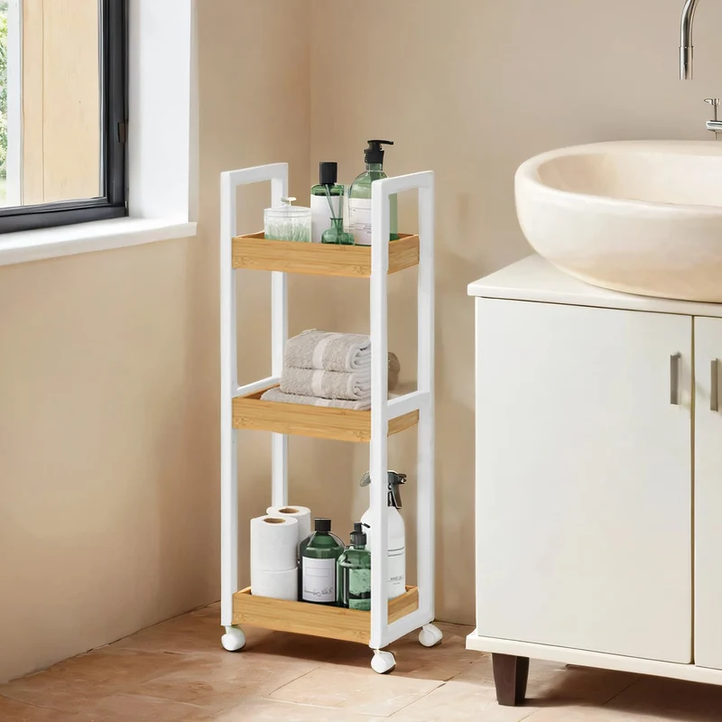 Badezimmerregal mit 3 Ebenen schmal platzsparend weiß-naturfarben