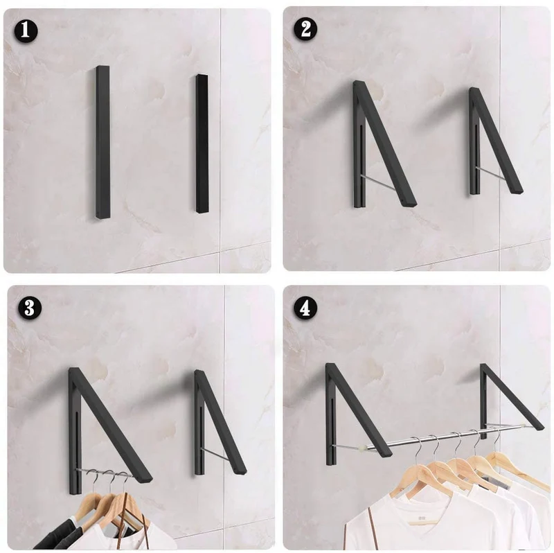 An der Wand befestigter klappbarer Kleiderbügel-2 aus Aluminium mit Stange