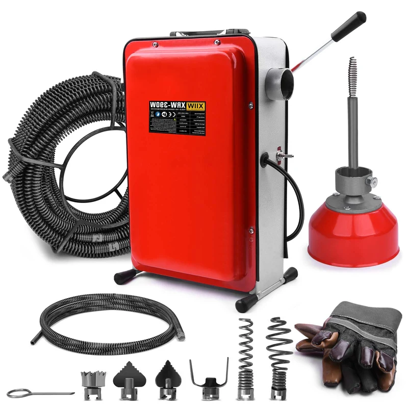 XIIW 390W Elektrische Rohrreinigungsmaschine | Abflussreiniger für Rohre Ø20-100mm | Profi Rohrreinigungsgerät inkl. 6 Bohrköpfe & 24m Spiralen-Set